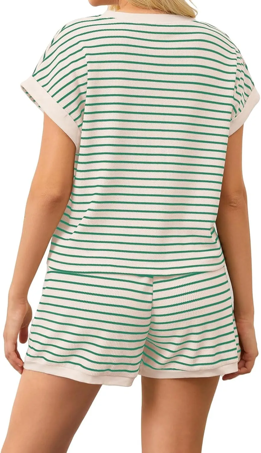 Women 2 Piece Outfits Two Piece Lounge Set Striped Short Sleeve Top and Shorts Casual Summer Loungewear Shorts Sets