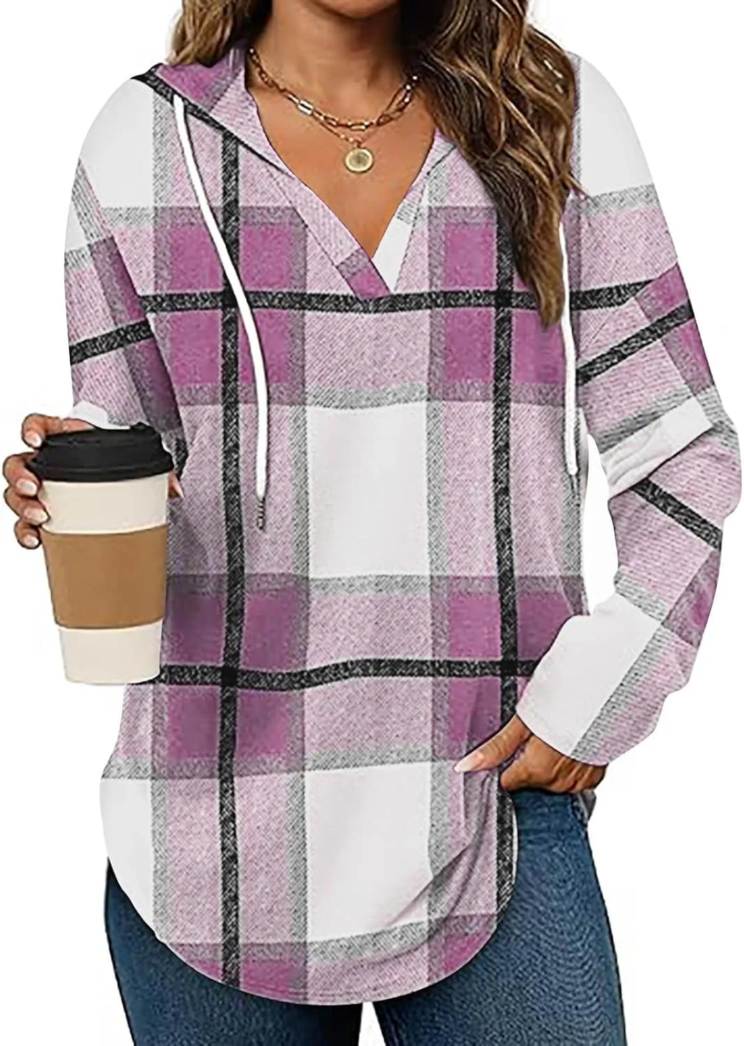 Women 2024 Plaid Hoodies Long Sleeve Drawstring Pullover Hooded Sweatshirts Loose Fit Blouses Tops Fashion Clothes