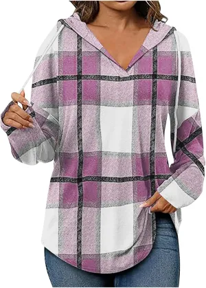 Women 2024 Plaid Hoodies Long Sleeve Drawstring Pullover Hooded Sweatshirts Loose Fit Blouses Tops Fashion Clothes