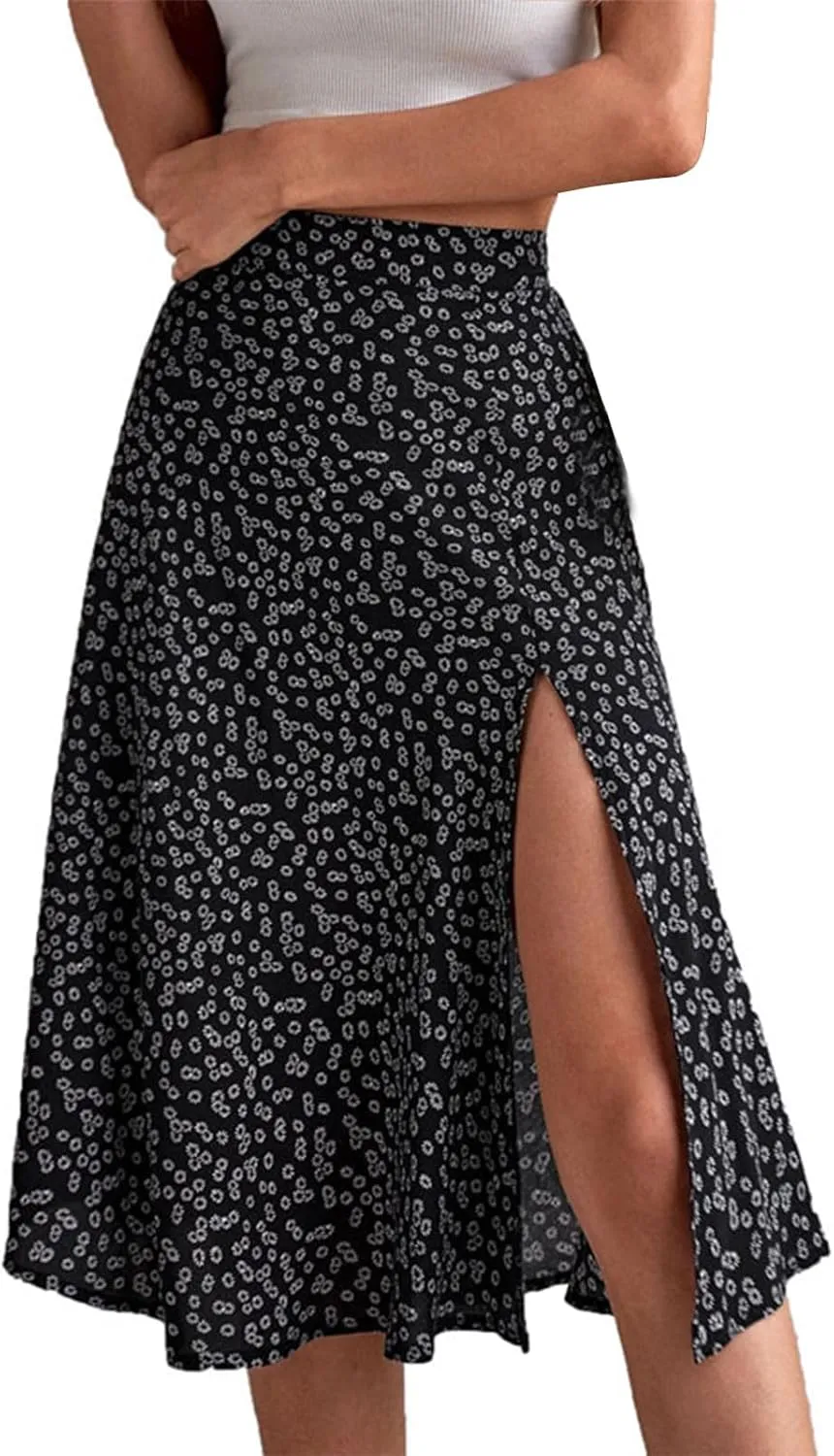 Women Boho Long Skirts Casual High Waist Floral Print Skirt Low Split Summer Beach Midi Wrap Skirts