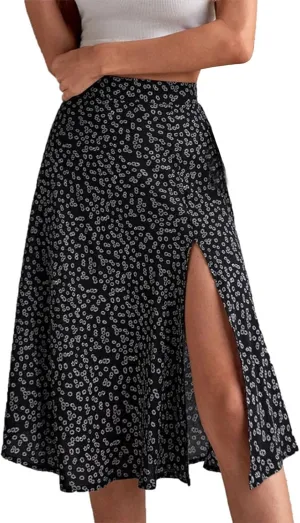 Women Boho Long Skirts Casual High Waist Floral Print Skirt Low Split Summer Beach Midi Wrap Skirts