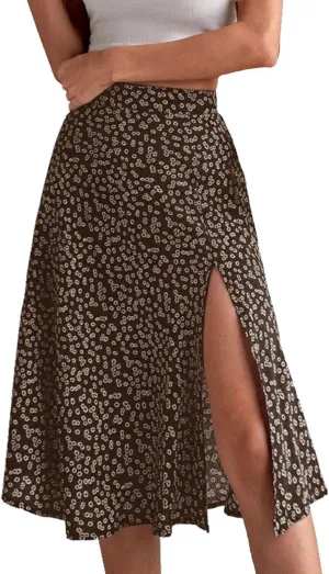 Women Boho Long Skirts Casual High Waist Floral Print Skirt Low Split Summer Beach Midi Wrap Skirts