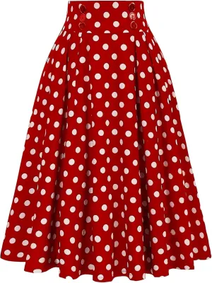 Women Boho Summer Midi Skirts High Waisted Polka Dots Button Pleated Flowy Casual Wrap Colorblock A Line Skirt