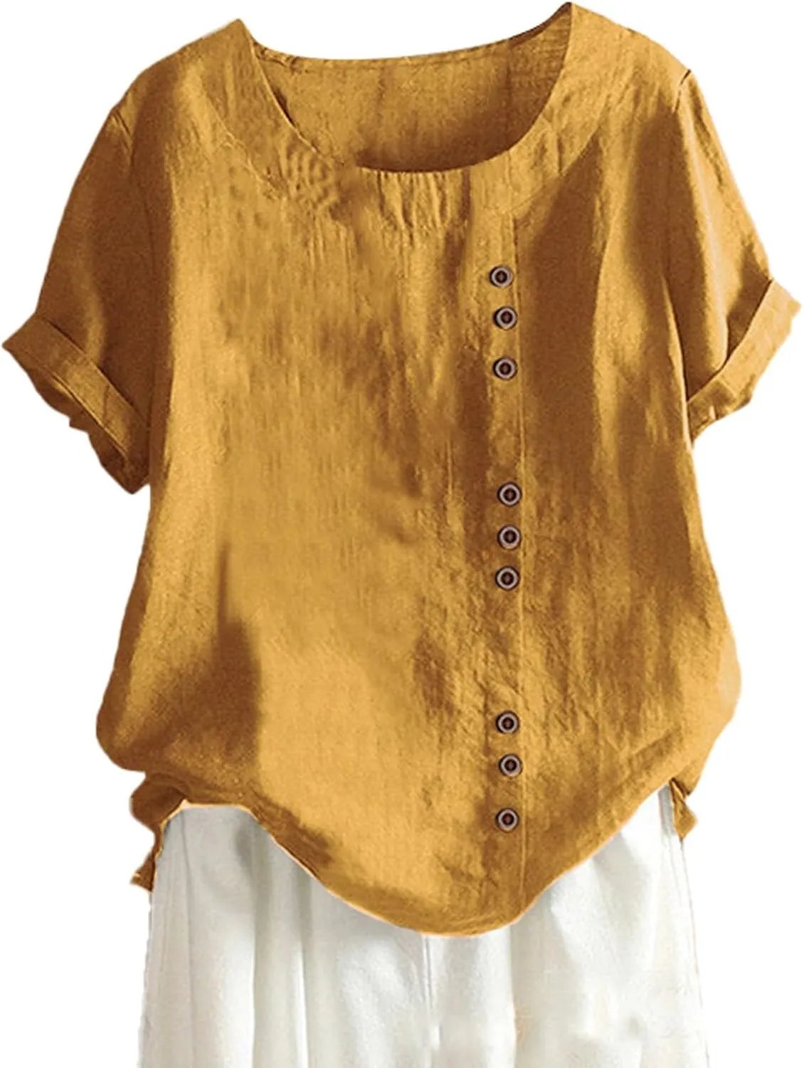 Women Button Up Shirts Cotton Linen Roll up Sleeve V Neck Soft Shirts Casual Loose Fit Work Blouse Tunic Top