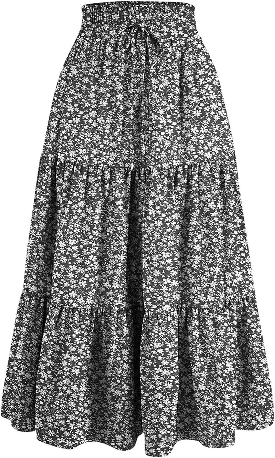 Women Casual Flowy Long Skirts Boho Floral Elastic High Waist Tiered Pleated Summer Maxi Beach Skirt