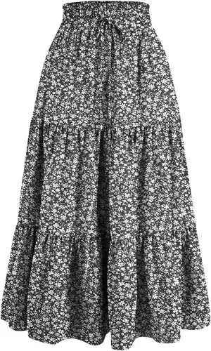 Women Casual Flowy Long Skirts Boho Floral Elastic High Waist Tiered Pleated Summer Maxi Beach Skirt