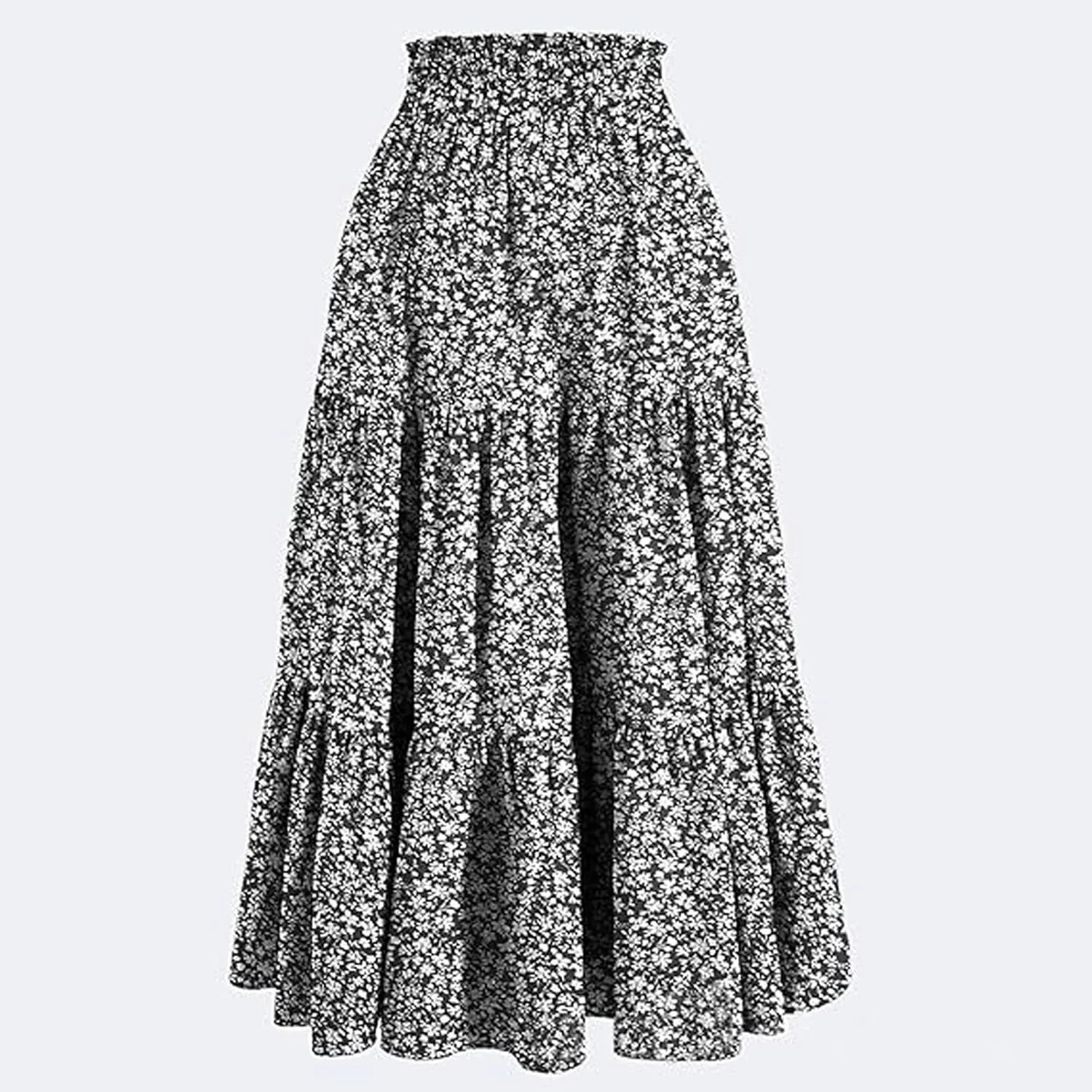 Women Casual Flowy Long Skirts Boho Floral Elastic High Waist Tiered Pleated Summer Maxi Beach Skirt