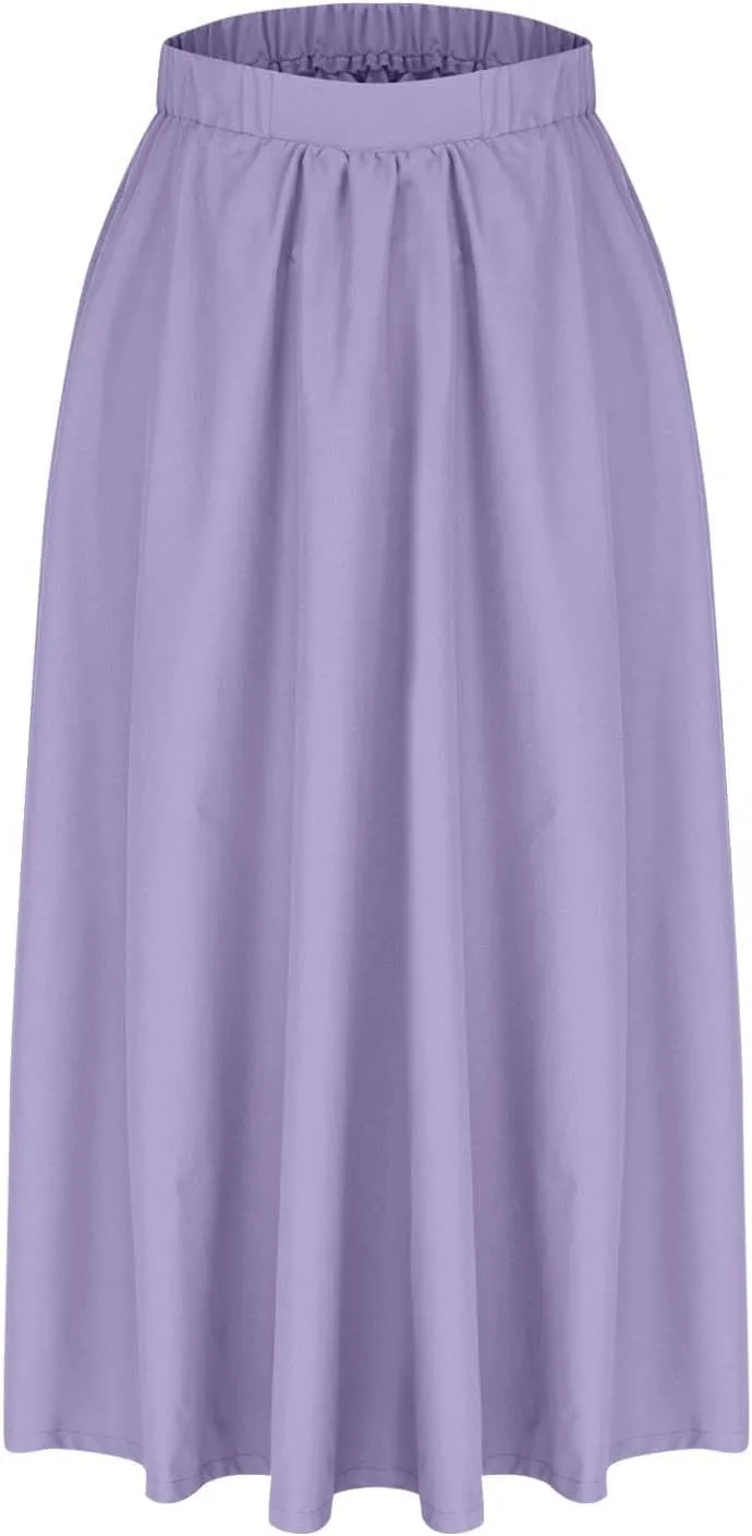 Women Casual Midi Skirt Summer Business Pleated Skirts Elastic High Waist Flowy A Line Dress Beach Vacation Clothes