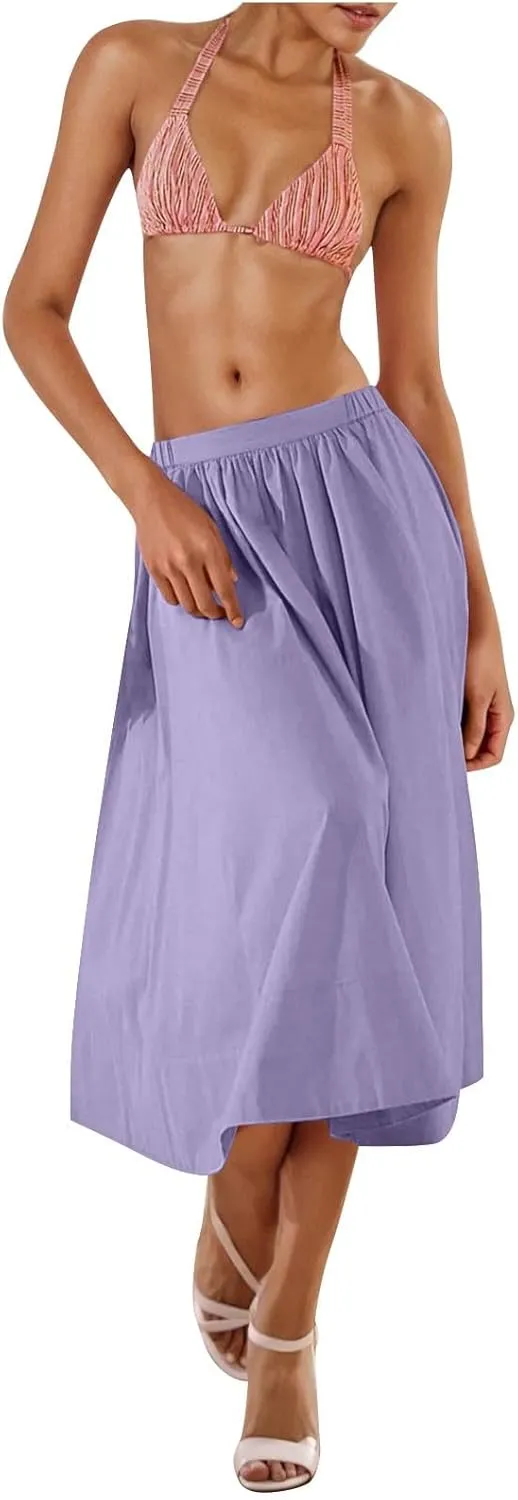 Women Casual Midi Skirt Summer Business Pleated Skirts Elastic High Waist Flowy A Line Dress Beach Vacation Clothes