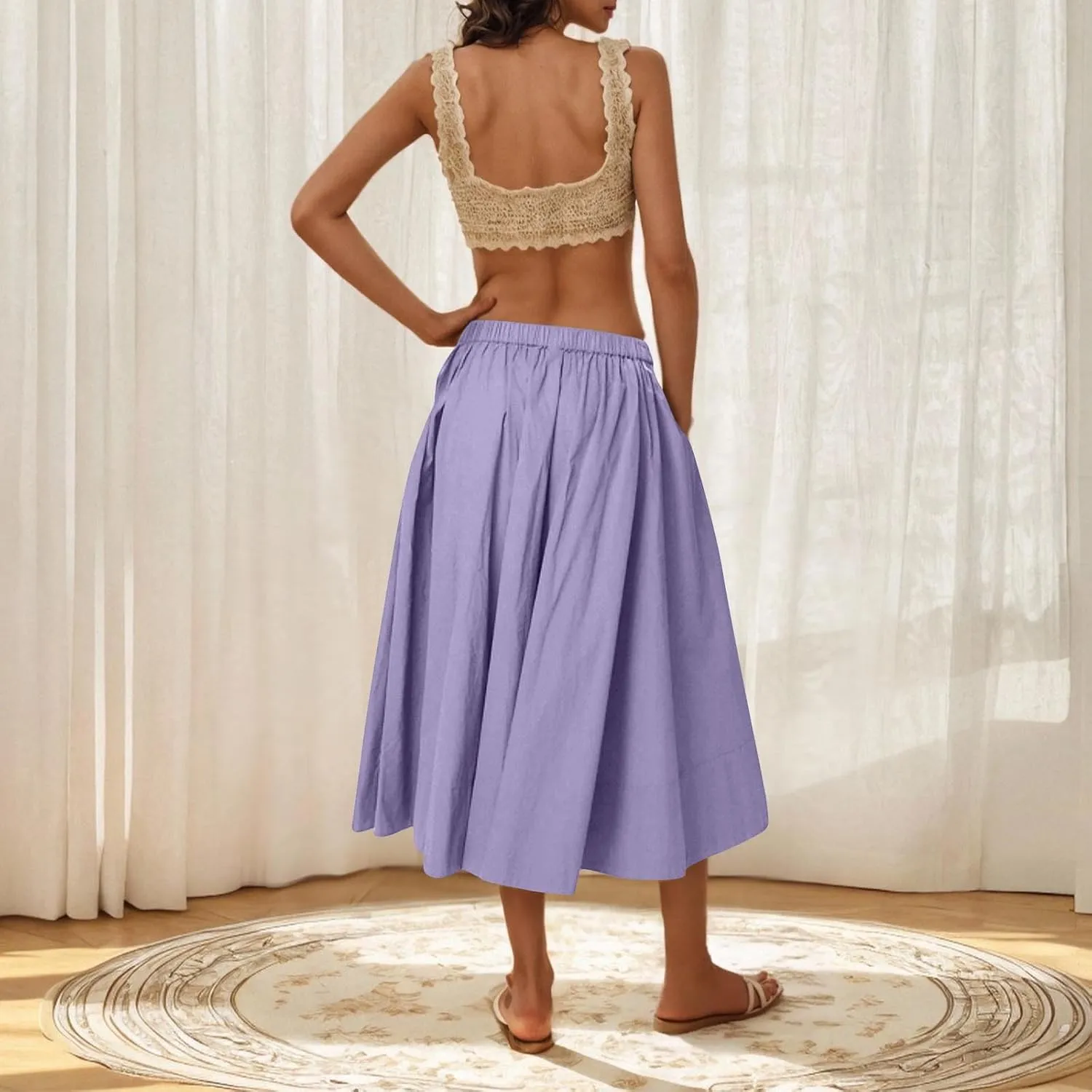 Women Casual Midi Skirt Summer Business Pleated Skirts Elastic High Waist Flowy A Line Dress Beach Vacation Clothes