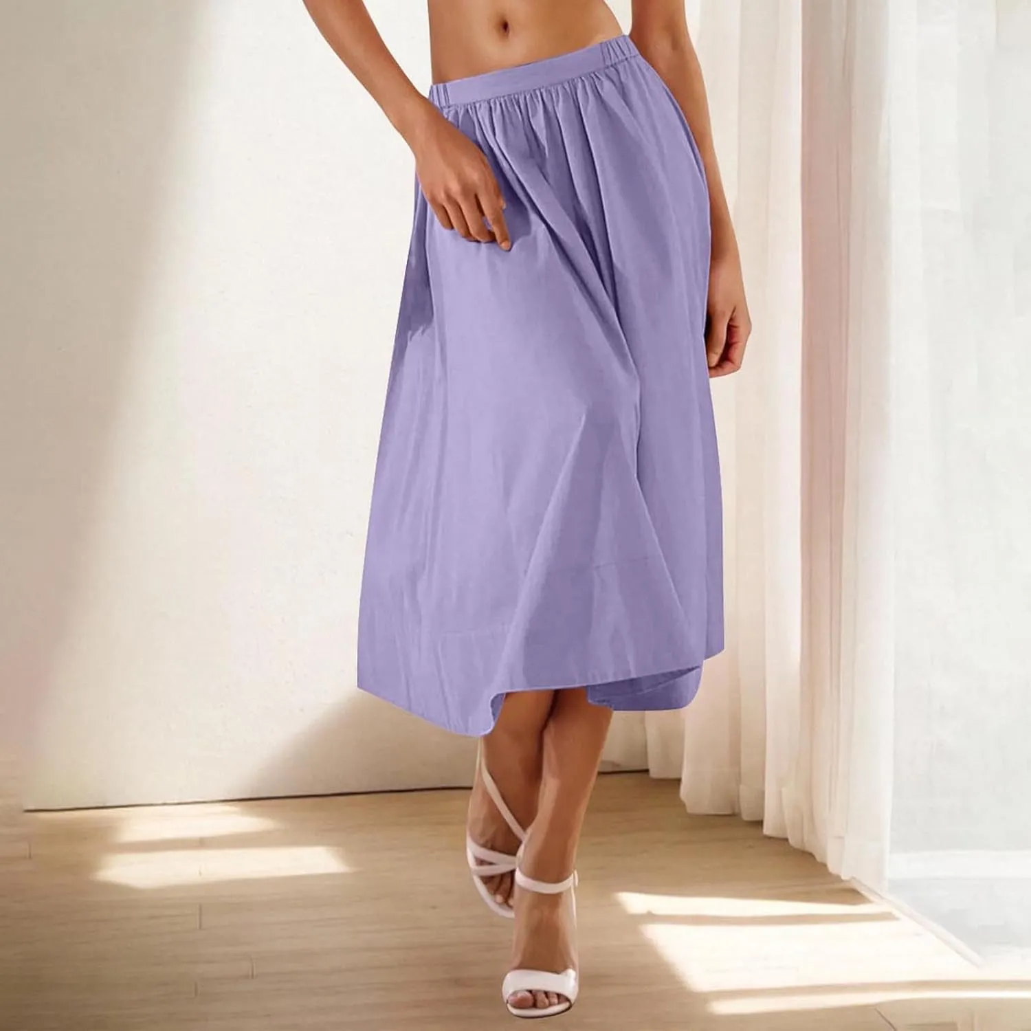 Women Casual Midi Skirt Summer Business Pleated Skirts Elastic High Waist Flowy A Line Dress Beach Vacation Clothes