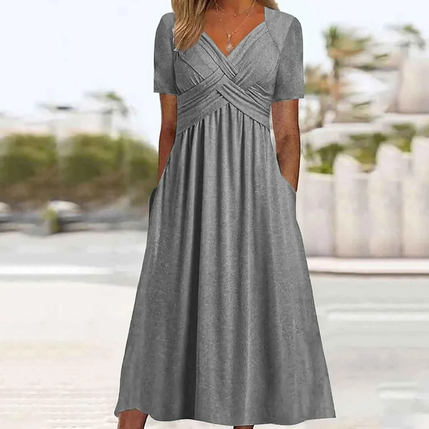 Women Casual Summer Dresses Elegant Short Sleeve Pleated A Line Dresses for Women 2025 Swing Party Travel Vacation Outfits