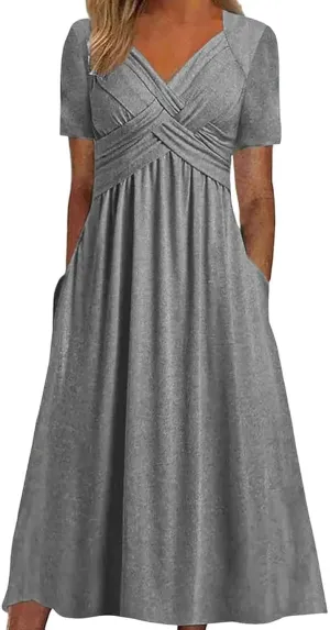 Women Casual Summer Dresses Elegant Short Sleeve Pleated A Line Dresses for Women 2025 Swing Party Travel Vacation Outfits