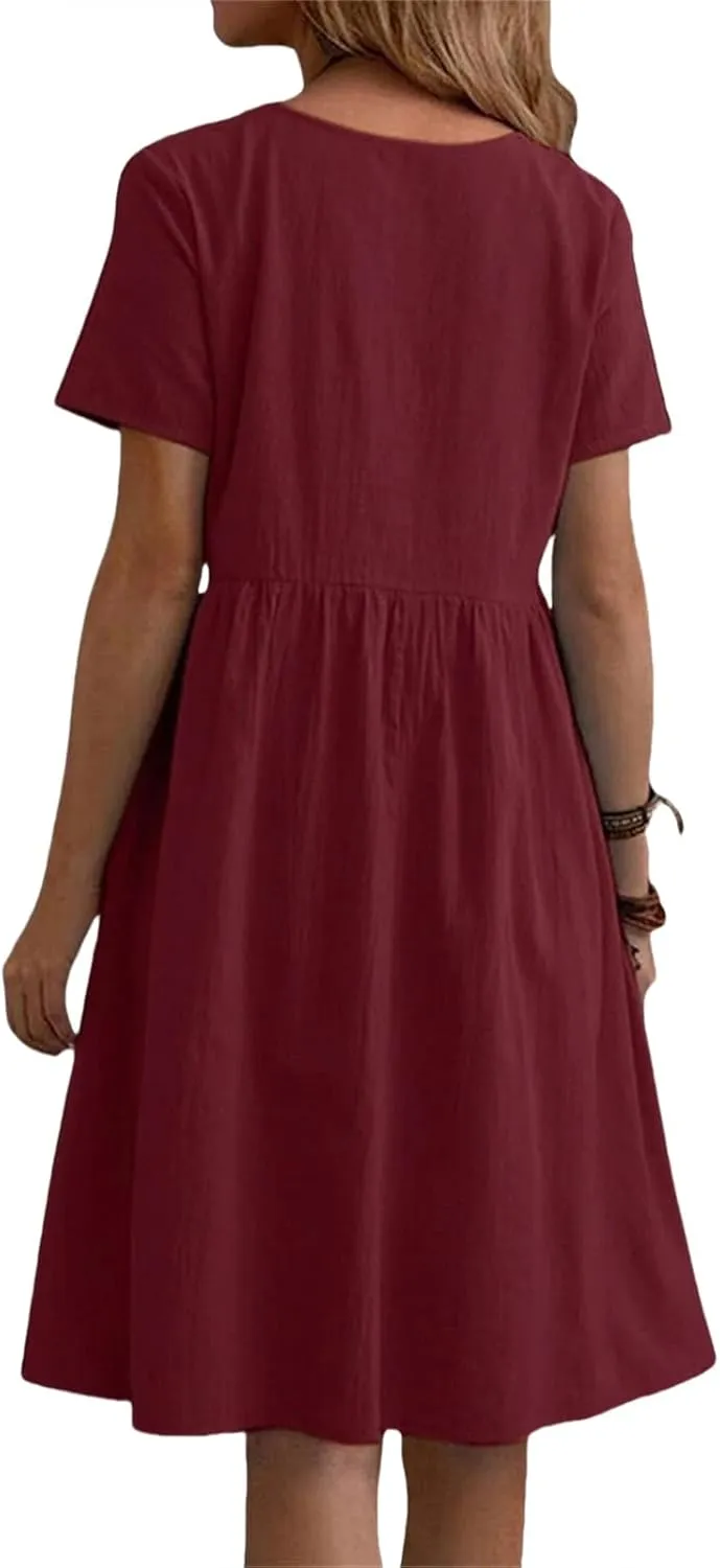Women Cotton Linen T Shirt Dress Casual Short Sleeve Tiered Midi Dress Summer Flowly Swing Aline Travel Beach Sundress
