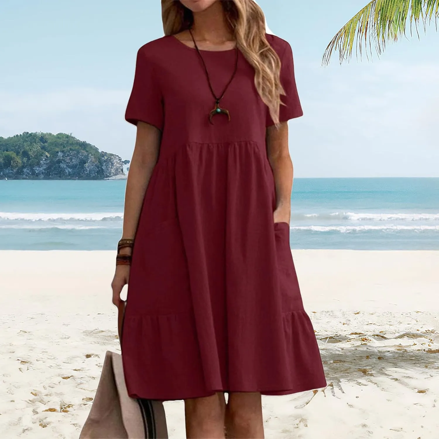 Women Cotton Linen T Shirt Dress Casual Short Sleeve Tiered Midi Dress Summer Flowly Swing Aline Travel Beach Sundress