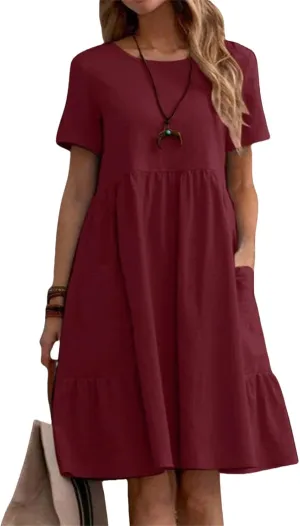 Women Cotton Linen T Shirt Dress Casual Short Sleeve Tiered Midi Dress Summer Flowly Swing Aline Travel Beach Sundress