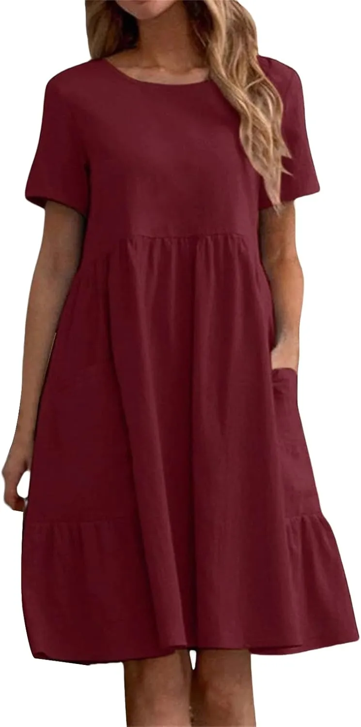 Women Cotton Linen T Shirt Dress Casual Short Sleeve Tiered Midi Dress Summer Flowly Swing Aline Travel Beach Sundress
