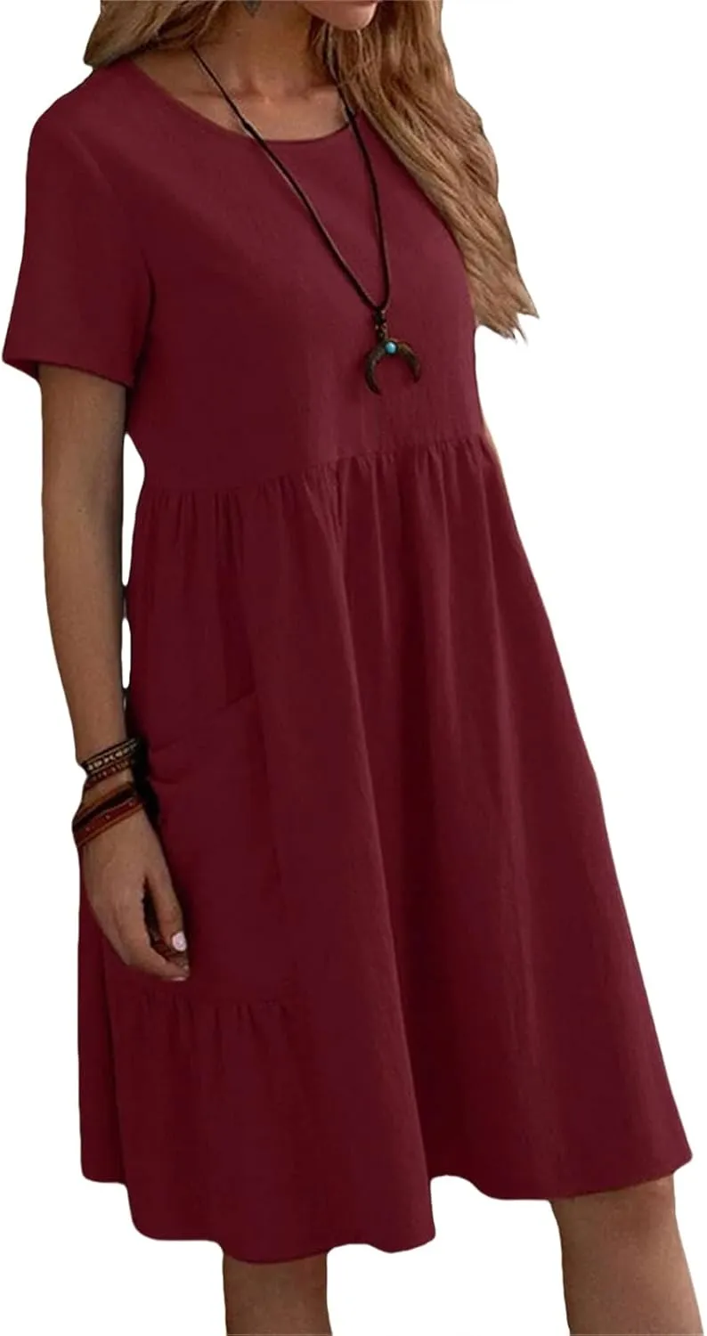 Women Cotton Linen T Shirt Dress Casual Short Sleeve Tiered Midi Dress Summer Flowly Swing Aline Travel Beach Sundress