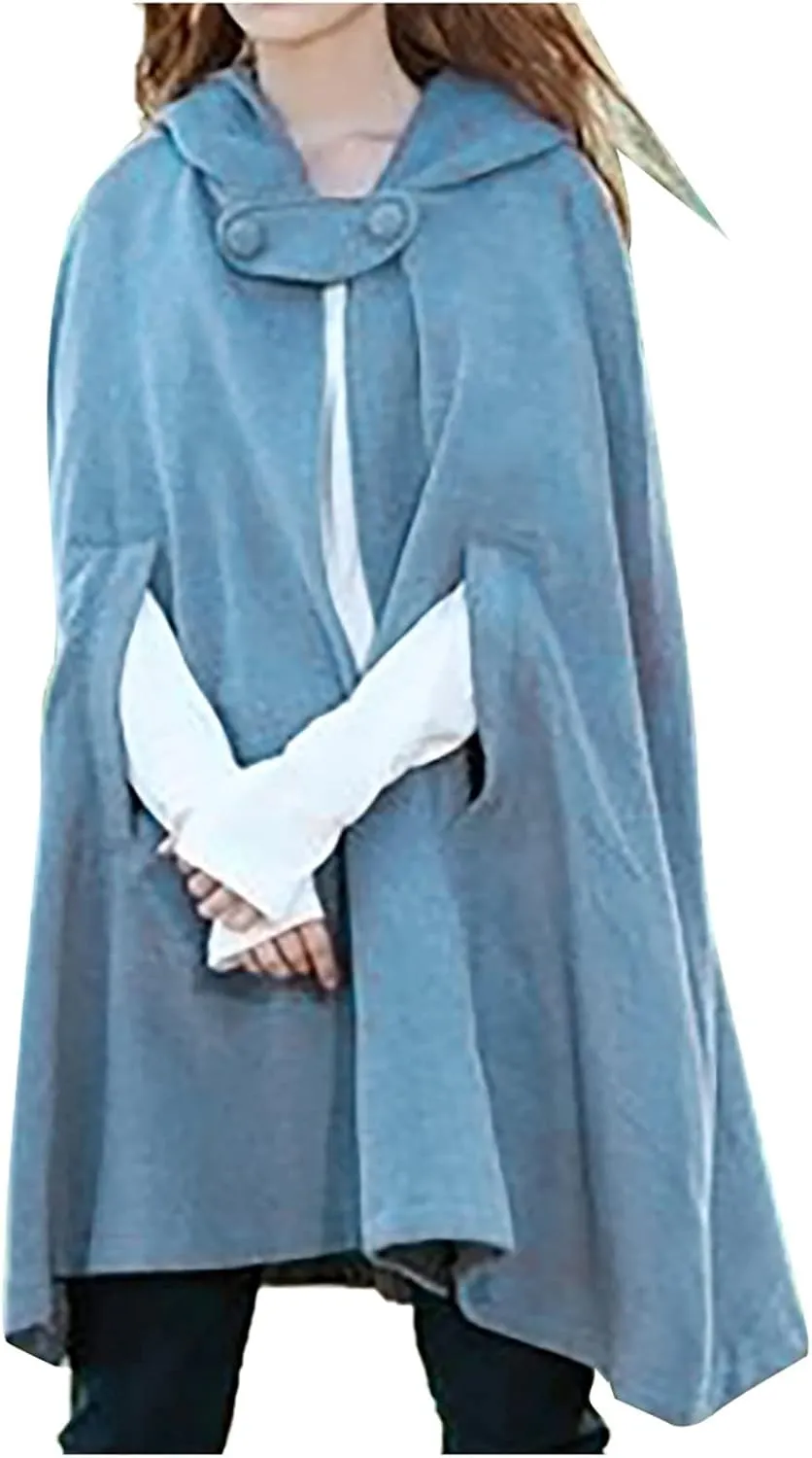 Women Fall Winter Trench Coat Cloak Hooded Long Open Front Cape Coat Poncho Batwing Cardigan Wool Blend Solid Outwear