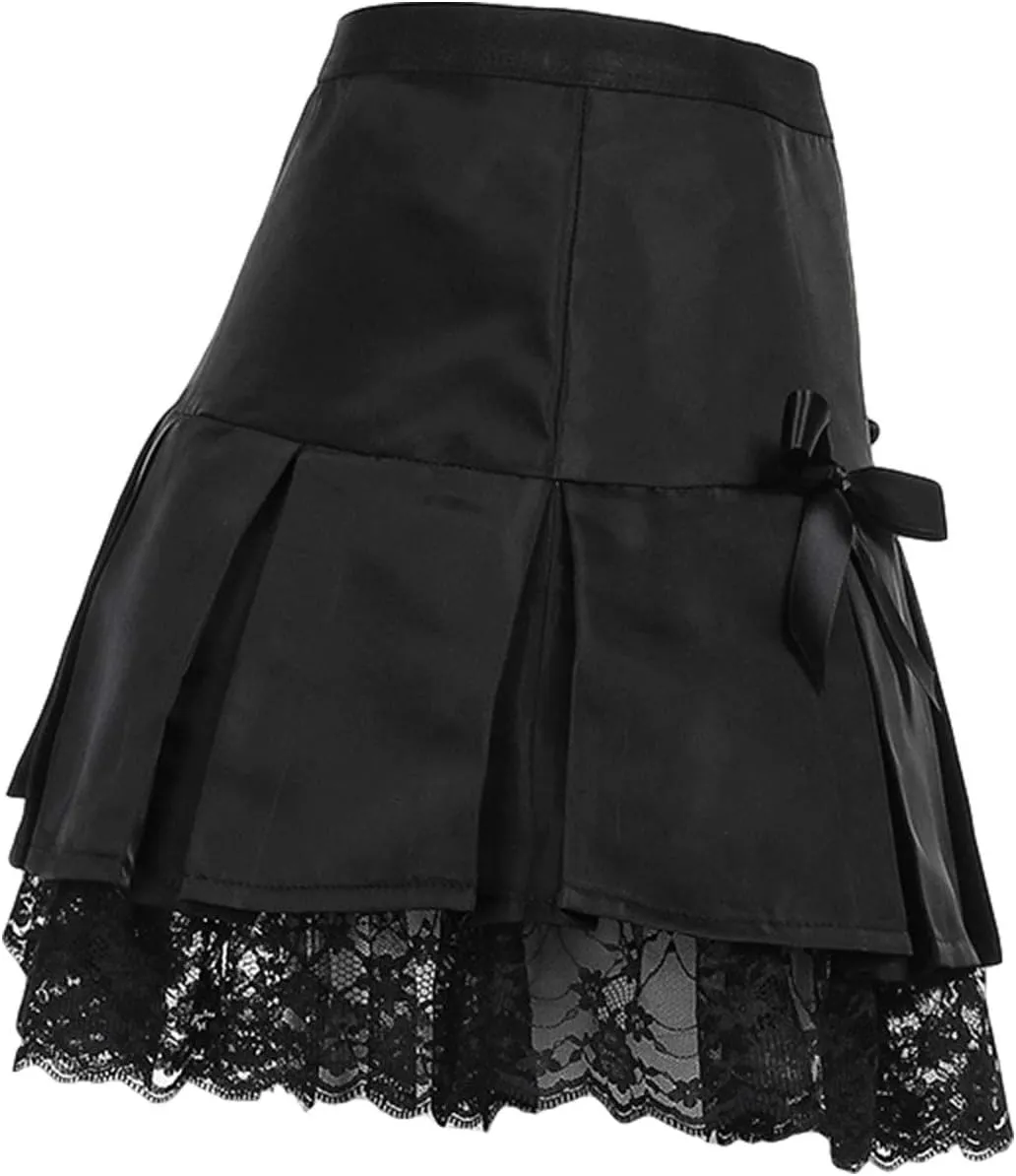 Women Floral Lace Mini Skirts Y2K Low Waist Pleated Ruffled Hem Layered Skirts Short Skirts Aesthetic Streetwear