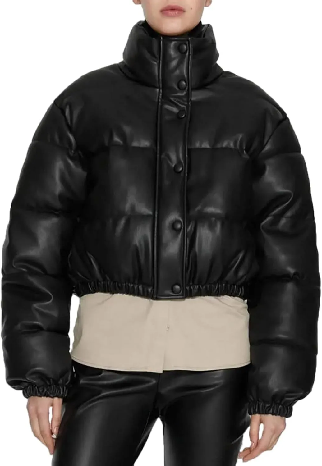 Women Leather Jackets Winter Cropped Puffer Jackets Thickened Down Coats Fashion Y2k Stand Collar Lightweight Outerwear