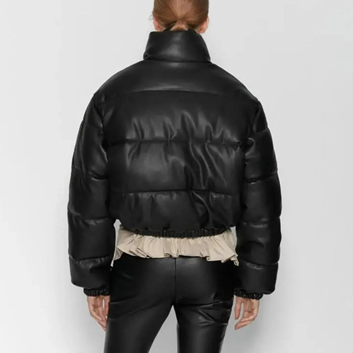 Women Leather Jackets Winter Cropped Puffer Jackets Thickened Down Coats Fashion Y2k Stand Collar Lightweight Outerwear