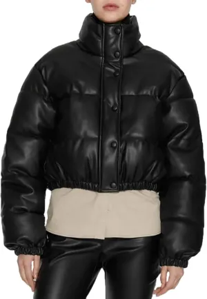 Women Leather Jackets Winter Cropped Puffer Jackets Thickened Down Coats Fashion Y2k Stand Collar Lightweight Outerwear