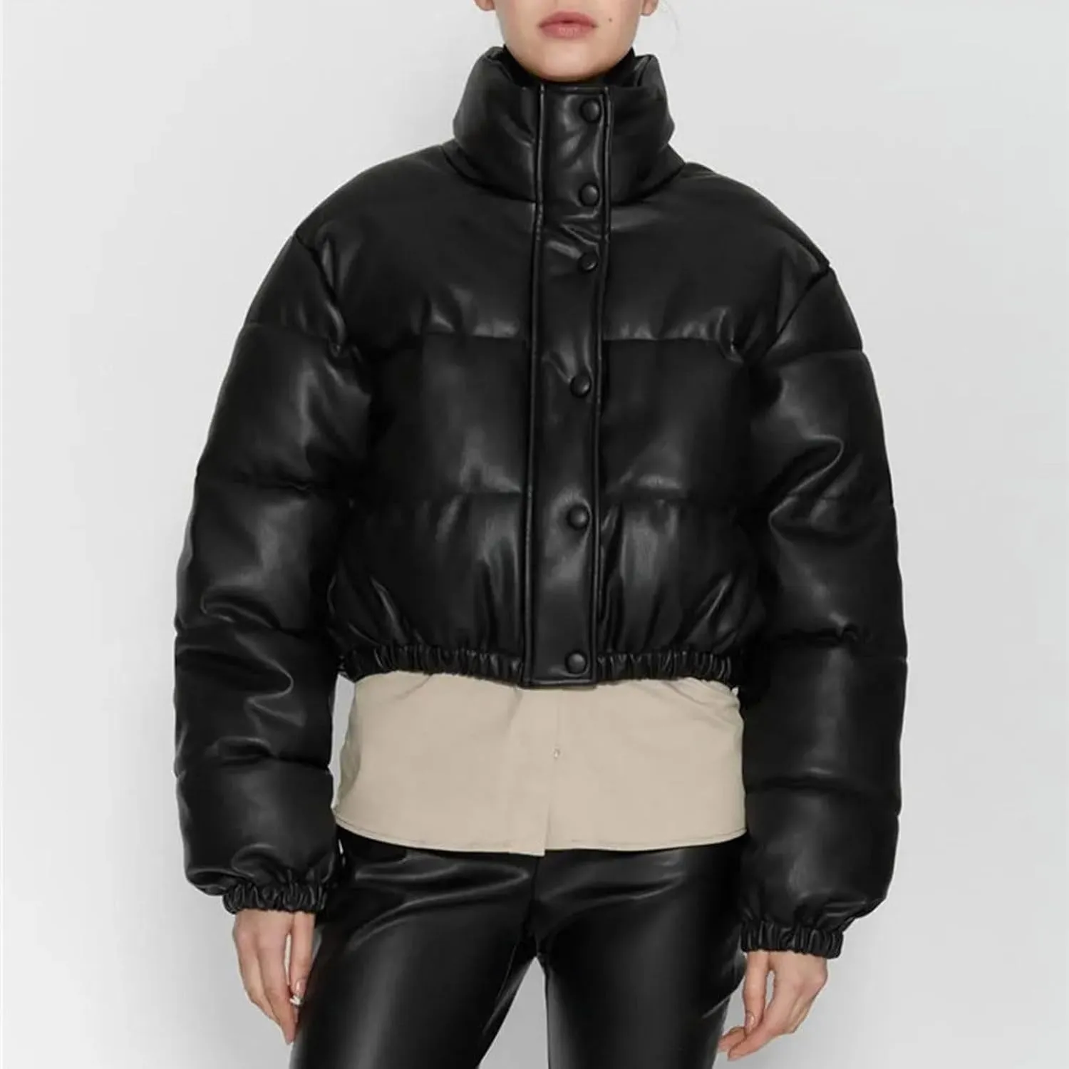 Women Leather Jackets Winter Cropped Puffer Jackets Thickened Down Coats Fashion Y2k Stand Collar Lightweight Outerwear