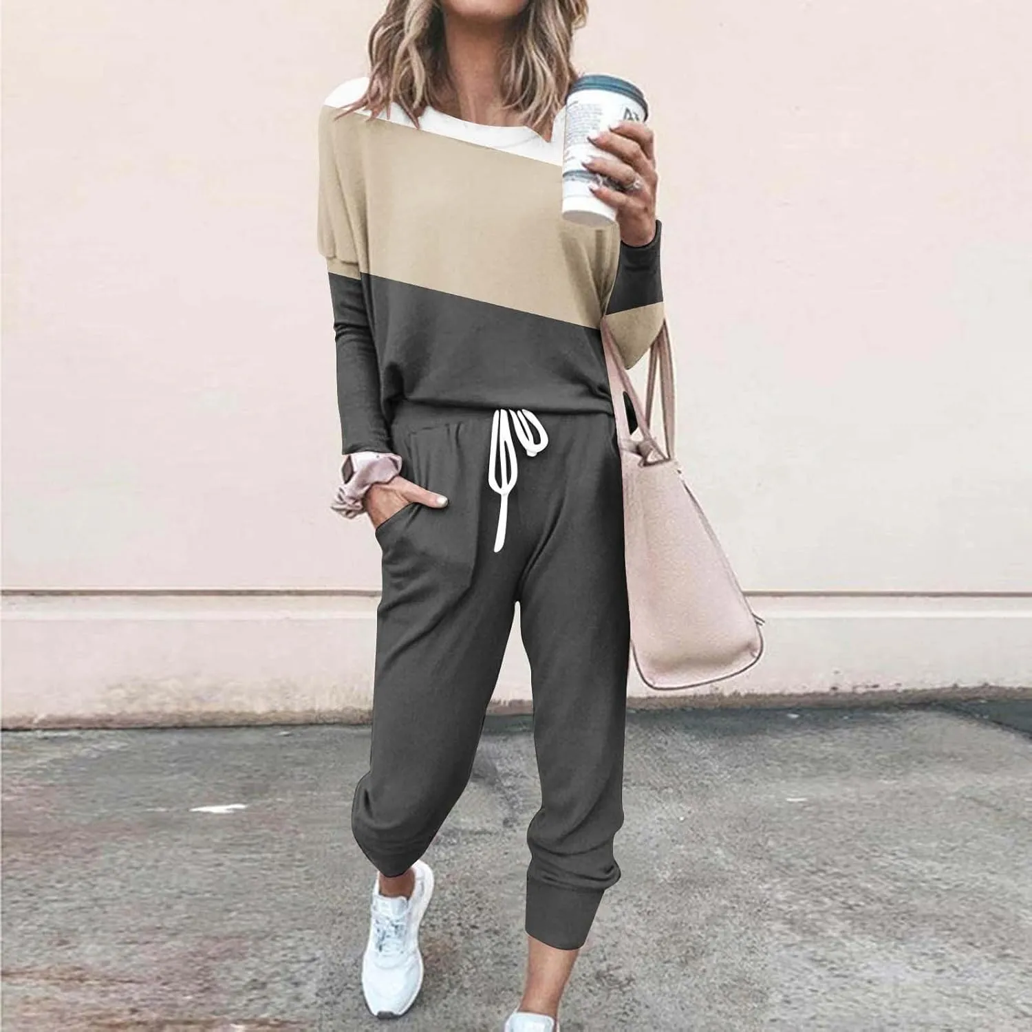 Women Pajama Set Women Fashion O-Neck Solid Pullover Long Sleeve Loose Pants Sweatsuits Ladies Pjs Sets with Pockets