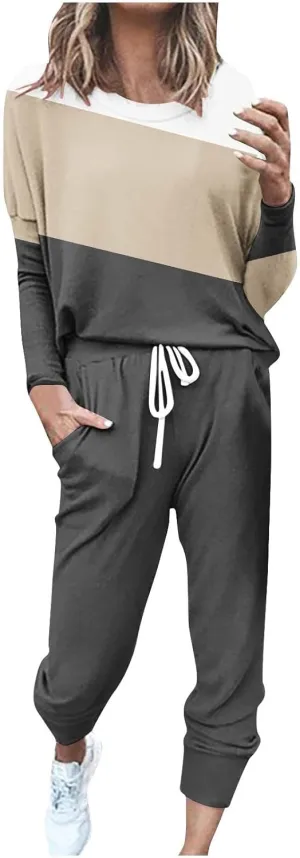 Women Pajama Set Women Fashion O-Neck Solid Pullover Long Sleeve Loose Pants Sweatsuits Ladies Pjs Sets with Pockets