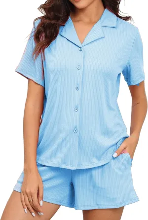 Women Pj Sets Button Down Loungewear 2 Pieces Lounge Set Short Sleeve Tops