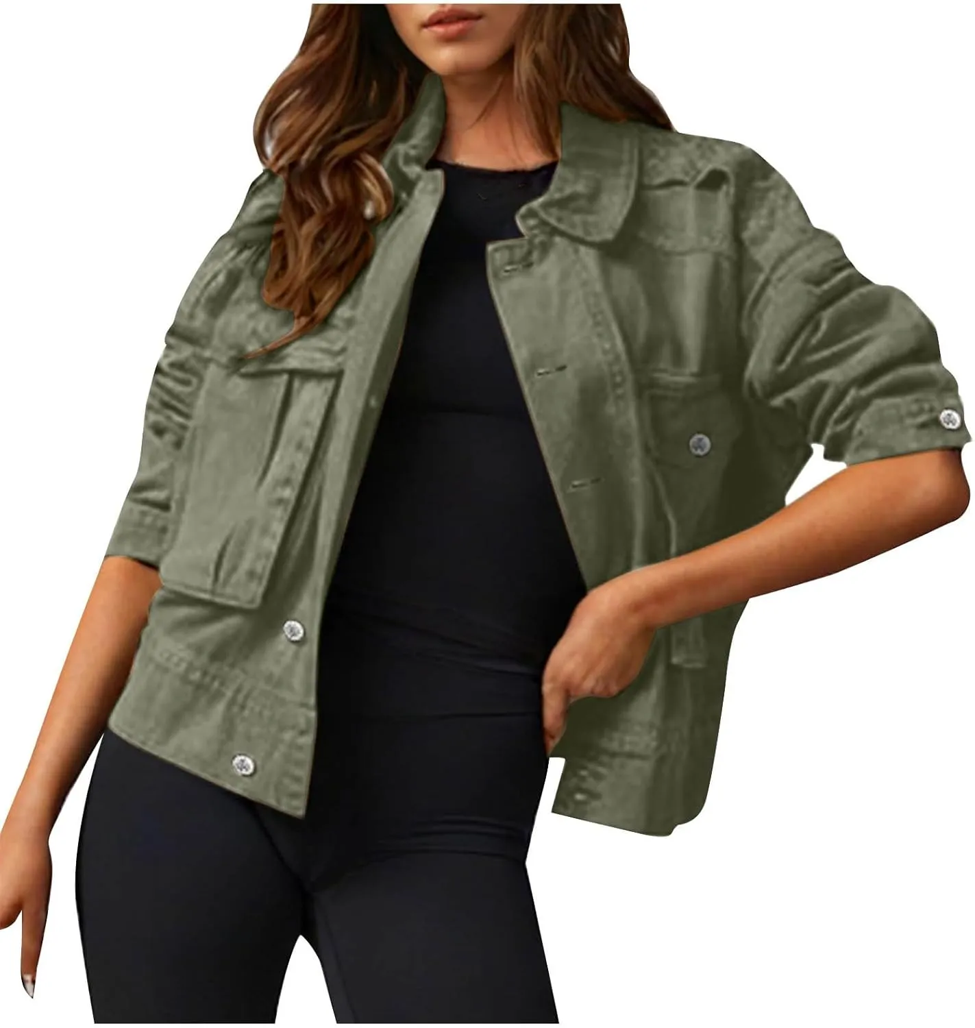 Women Plus Size Cropped Denim Jacket Casual 2024 Button Down Shacket Coat Comfy Multi Pocket Shirt Denim Cargo Jacket