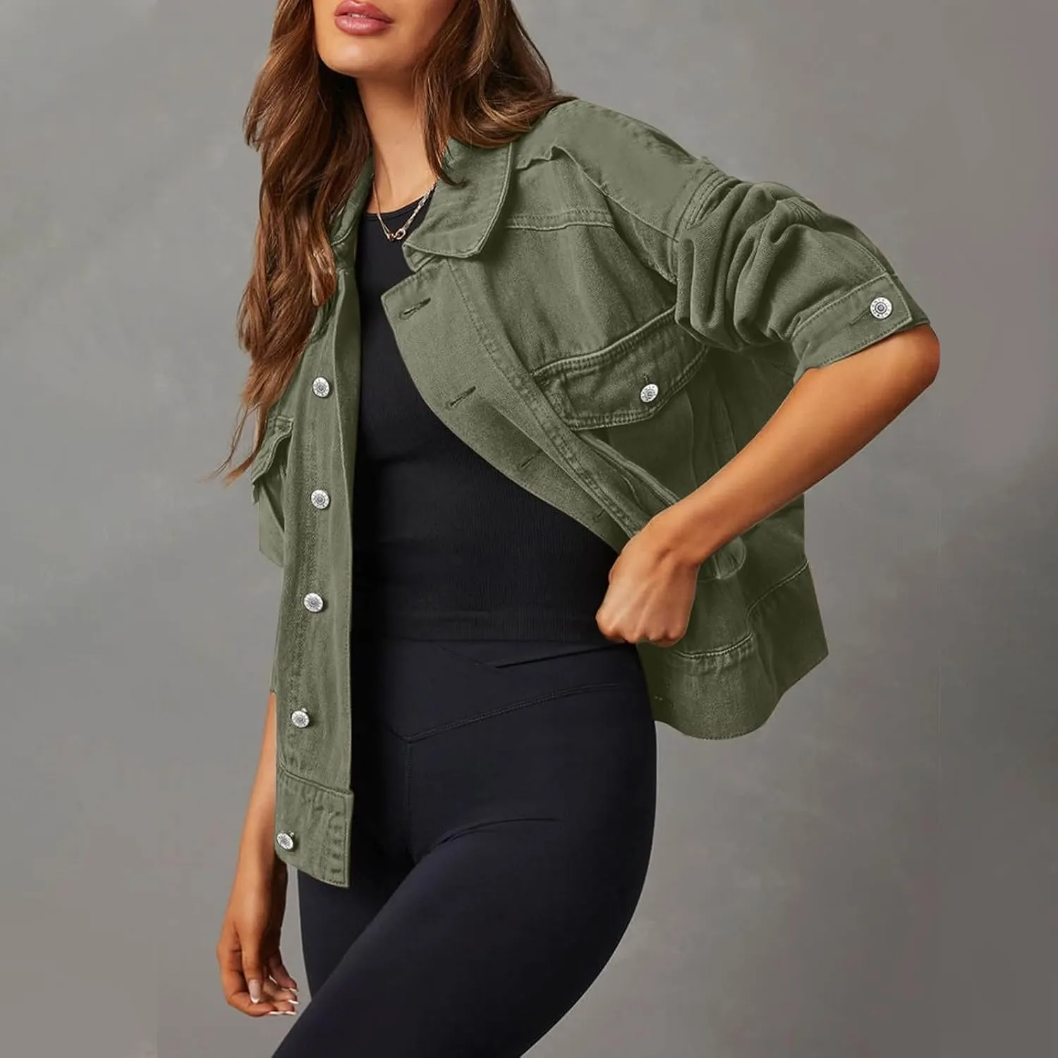 Women Plus Size Cropped Denim Jacket Casual 2024 Button Down Shacket Coat Comfy Multi Pocket Shirt Denim Cargo Jacket
