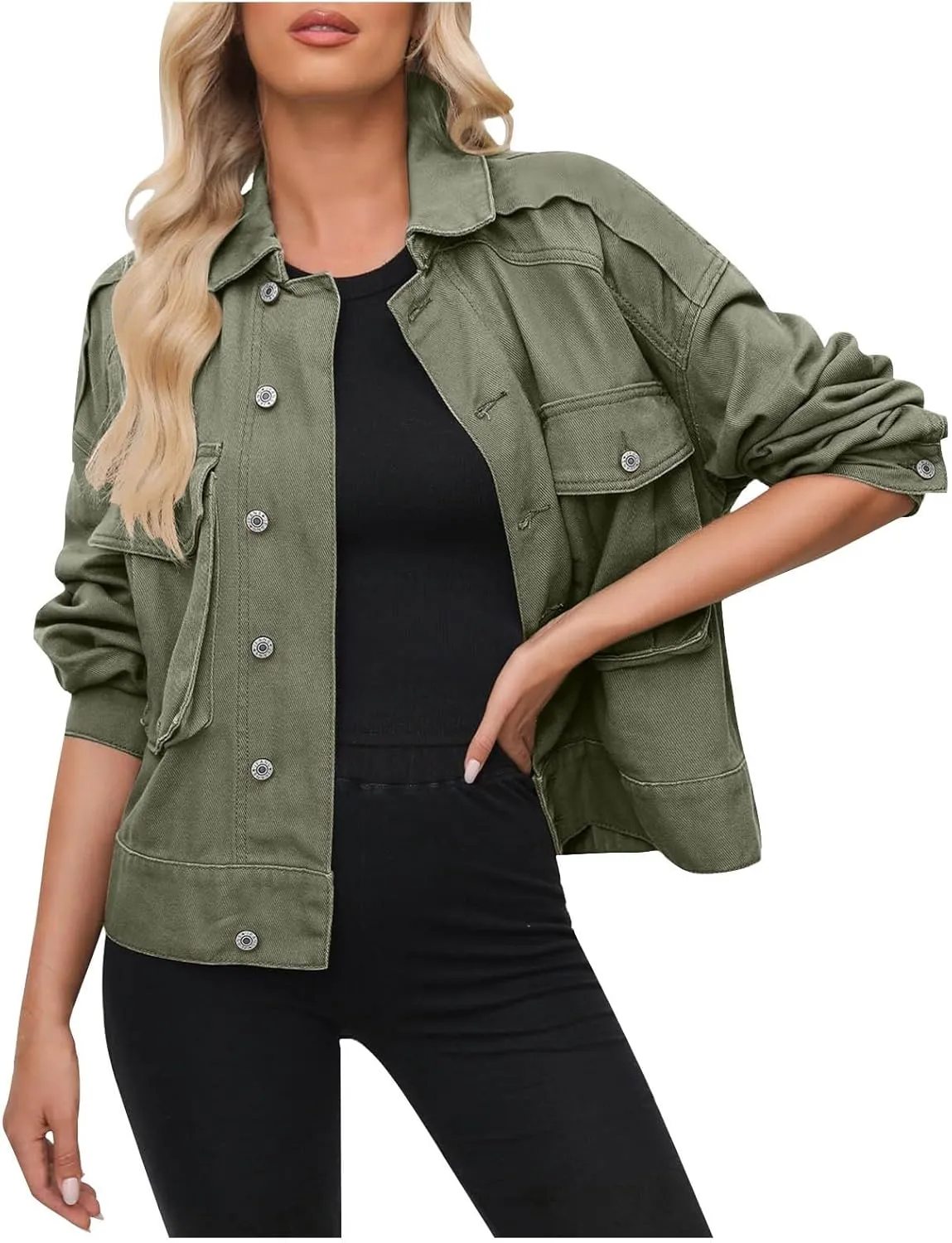 Women Plus Size Cropped Denim Jacket Casual 2024 Button Down Shacket Coat Comfy Multi Pocket Shirt Denim Cargo Jacket