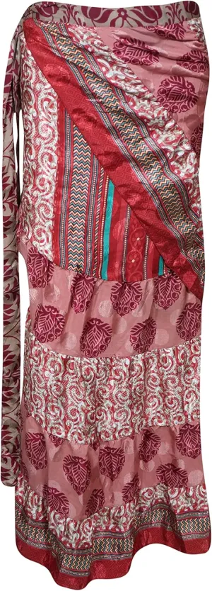 Women Ruffle Wrap Skirt, Tiered Maxi Wrap Skirts, Red Pink Paisley Printed Beach Skirt, One Size