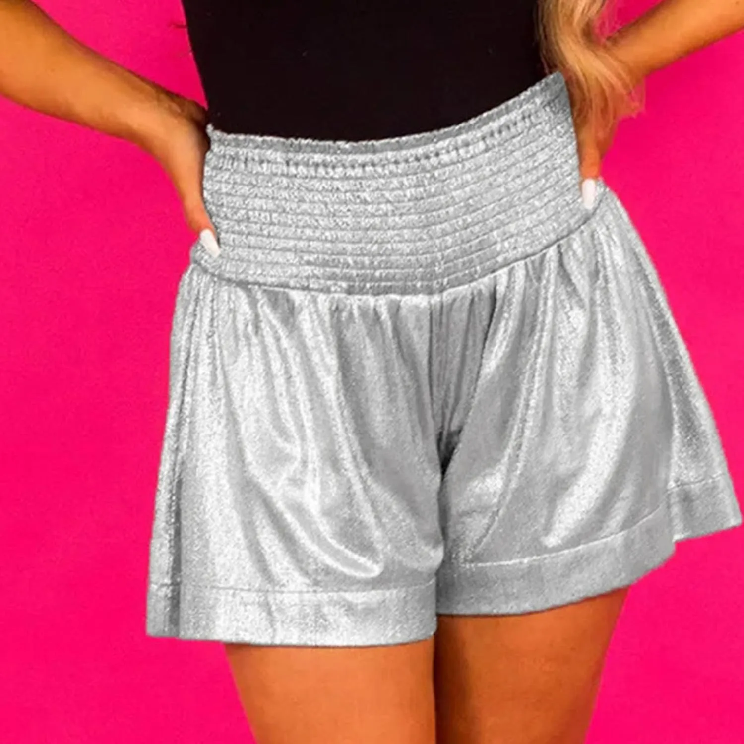 Women Sequin Shorts Smocked High Elastic Waisted Flowy Shorts Pleated Ruffle Beach Glitter Sparkly Metallic Shorts