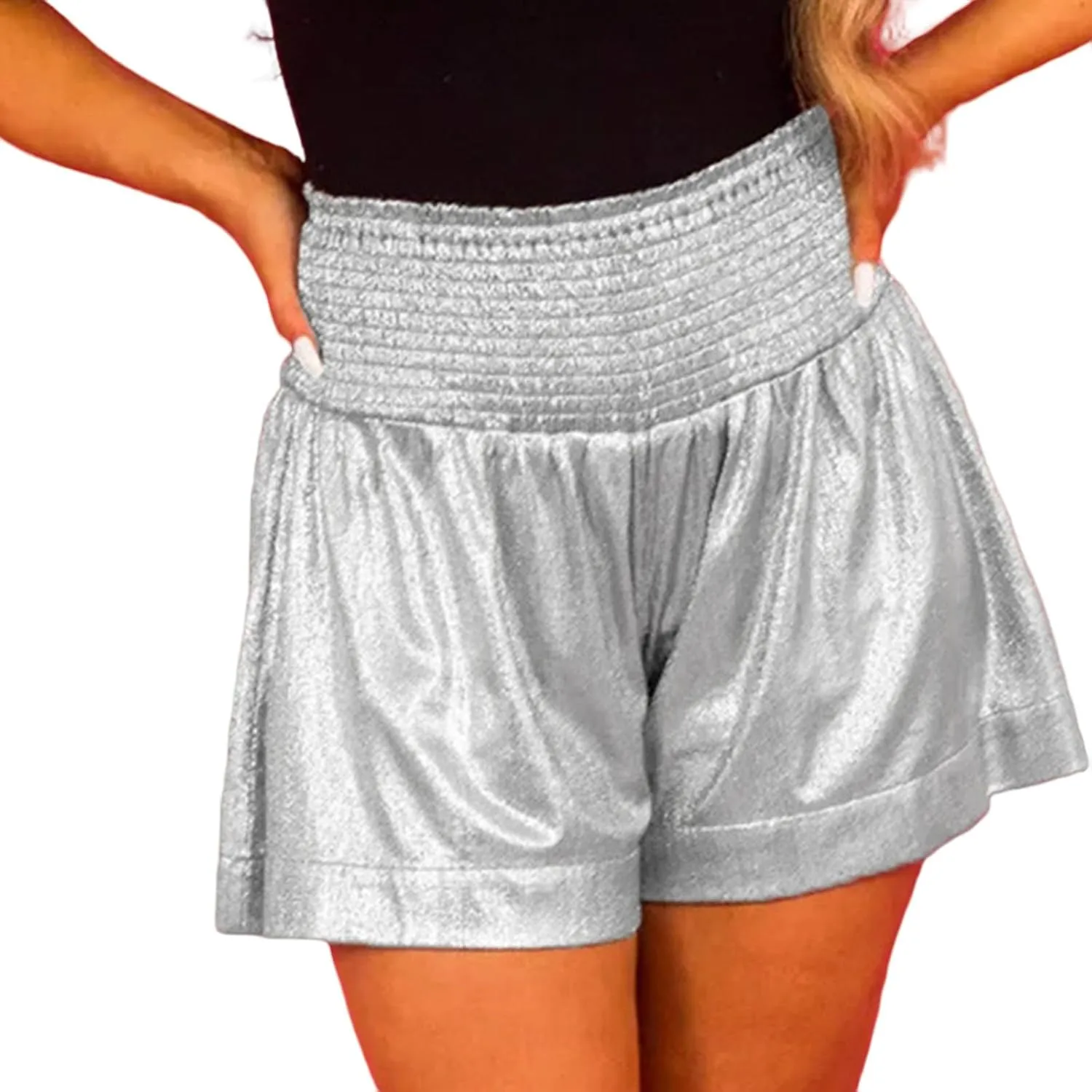 Women Sequin Shorts Smocked High Elastic Waisted Flowy Shorts Pleated Ruffle Beach Glitter Sparkly Metallic Shorts