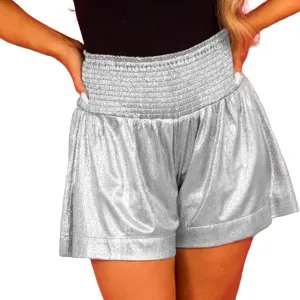 Women Sequin Shorts Smocked High Elastic Waisted Flowy Shorts Pleated Ruffle Beach Glitter Sparkly Metallic Shorts