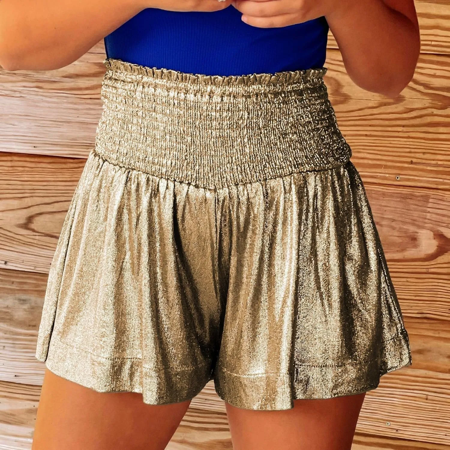 Women Sequin Shorts Smocked High Elastic Waisted Flowy Shorts Pleated Ruffle Beach Glitter Sparkly Metallic Shorts