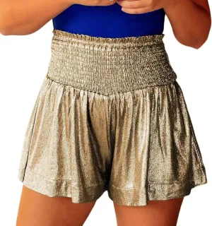 Women Sequin Shorts Smocked High Elastic Waisted Flowy Shorts Pleated Ruffle Beach Glitter Sparkly Metallic Shorts