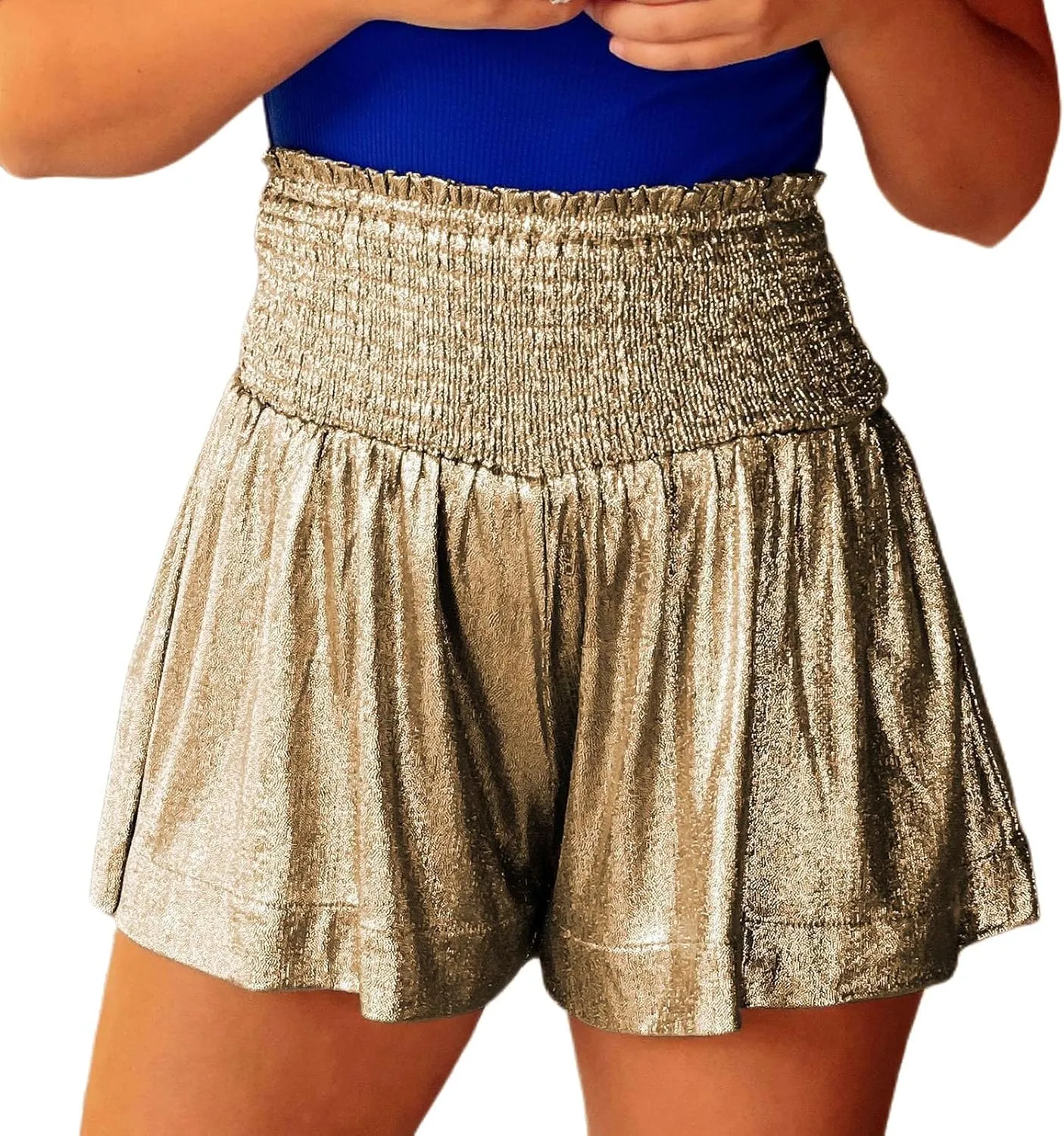 Women Sequin Shorts Smocked High Elastic Waisted Flowy Shorts Pleated Ruffle Beach Glitter Sparkly Metallic Shorts