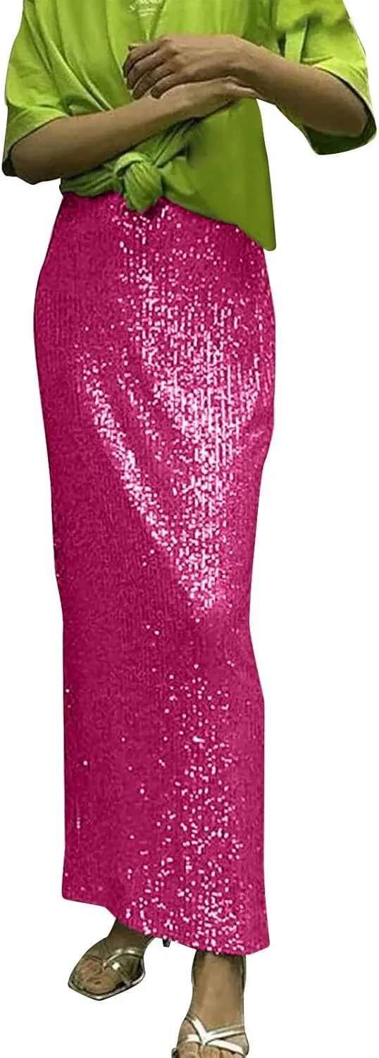 Women Sequin Skirt Sparkly Cute High Waist Ruffle Women's Elastic Waisted Bodycon Sparkle Night Out Silver Sparkly