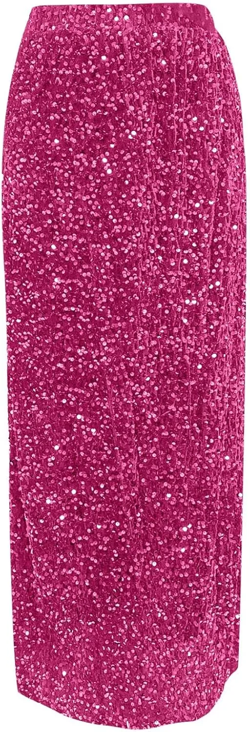 Women Sequin Skirt Sparkly Cute High Waist Ruffle Women's Elastic Waisted Bodycon Sparkle Night Out Silver Sparkly