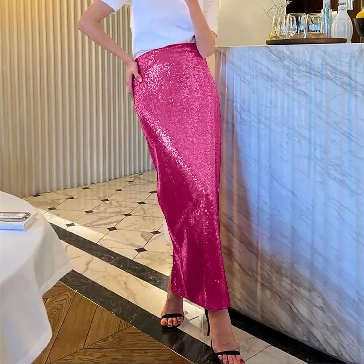 Women Sequin Skirt Sparkly Cute High Waist Ruffle Women's Elastic Waisted Bodycon Sparkle Night Out Silver Sparkly