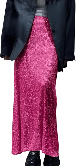 Women Sequin Skirt Sparkly Cute High Waist Ruffle Women's Elastic Waisted Bodycon Sparkle Night Out Silver Sparkly