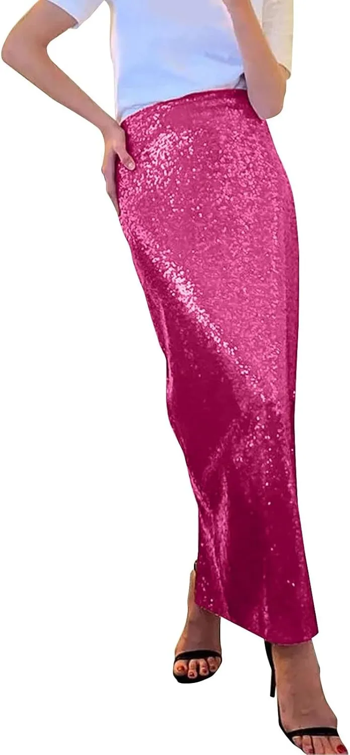Women Sequin Skirt Sparkly Cute High Waist Ruffle Women's Elastic Waisted Bodycon Sparkle Night Out Silver Sparkly