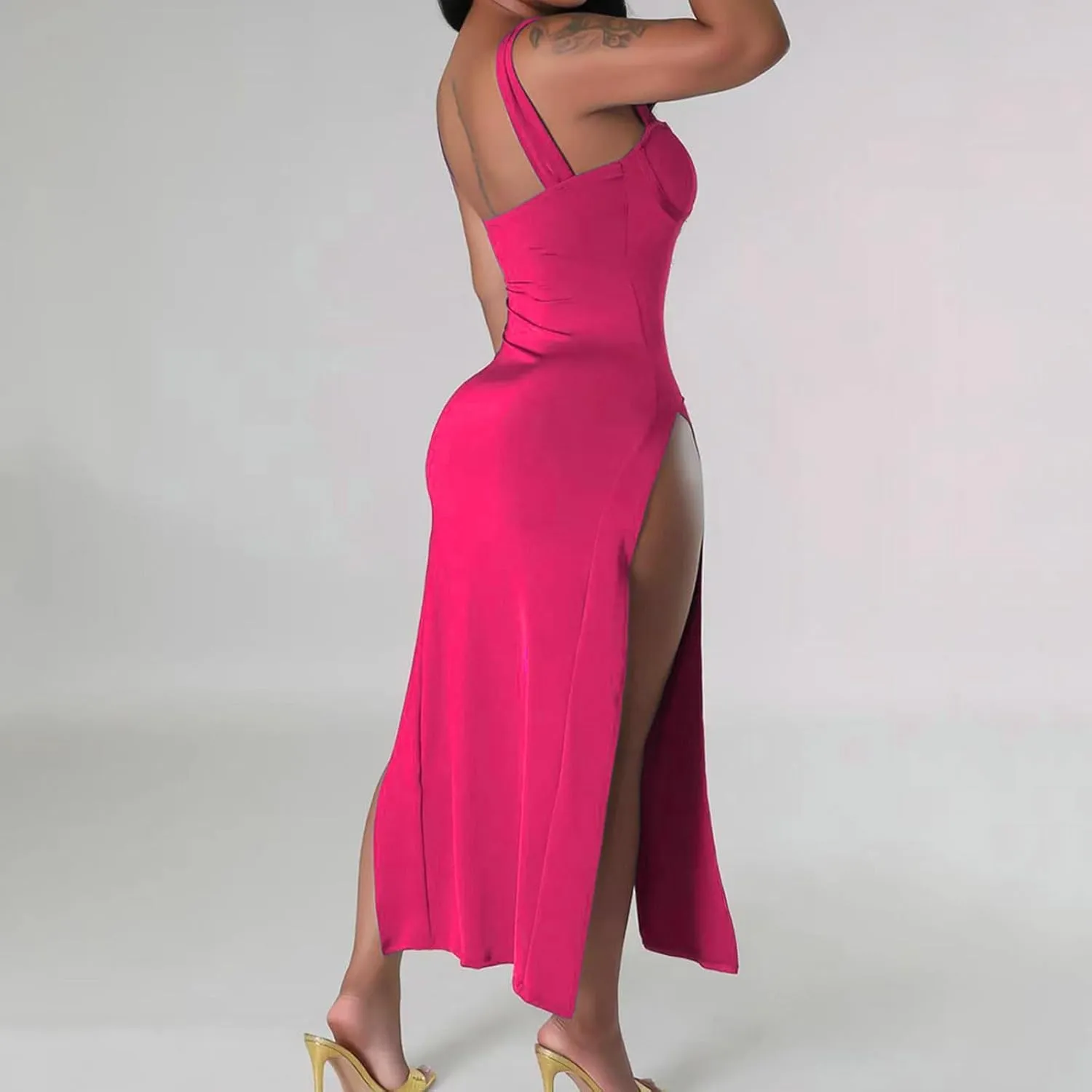 Women Sexy High Split Dress Square Neck Sleeveless Strappy Dresses Ladies Trendy Y2K Bodycon Slit Wrap
