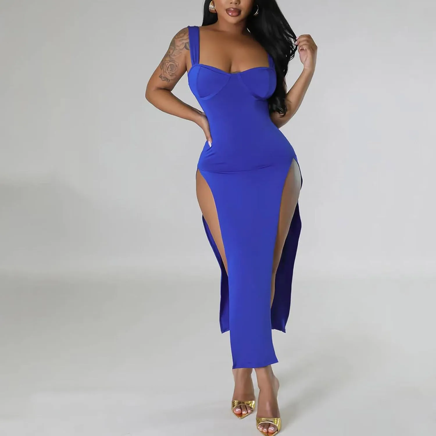 Women Sexy High Split Dress Square Neck Sleeveless Strappy Dresses Ladies Trendy Y2K Bodycon Slit Wrap