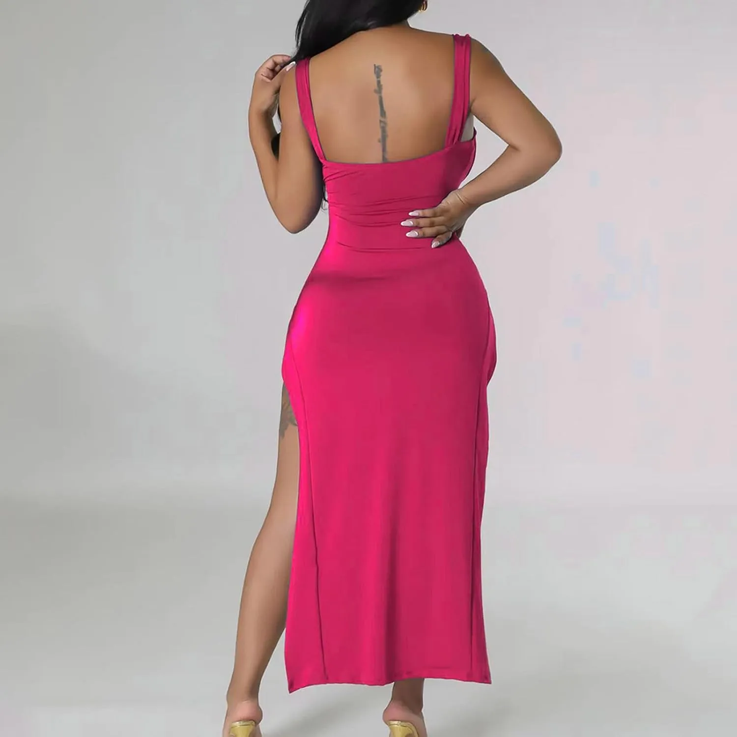 Women Sexy High Split Dress Square Neck Sleeveless Strappy Dresses Ladies Trendy Y2K Bodycon Slit Wrap