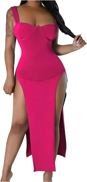 Women Sexy High Split Dress Square Neck Sleeveless Strappy Dresses Ladies Trendy Y2K Bodycon Slit Wrap